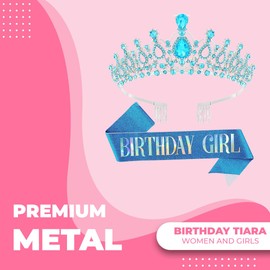 Papoopy Birthday Tiara and Crown with Sash for Women, Hair Accessories for Wedding Party Costume (B - Blue)