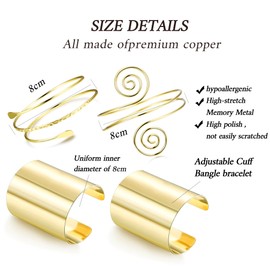 Finrezio 4PCS Arm Cuff Upper Arm Cuff Band Bracelet Gold Minimalist Coil Bangle Armband Set Adjustable Filigree Swirl Goddess Costume Accessories