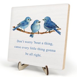 Inspirational Wooden Sign, Every Little Thing Is Gonna Be All Right Wooden Plaque Sign,Cute Watercolor Birds, Home Office Decor Wooden Plaque Sign (White-Birds, 5.9 x 5.9 inches)