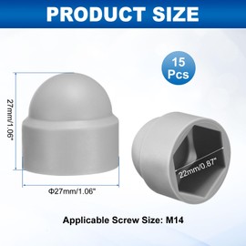 sourcing map 15Pcs Hex Nut Cover, M14x22x27mm Plastic Dome Nut Protection Cap Hex Screws Bolt Covers for Indoor Outdoor Furniture Automotive Bolts Decoration, Gray