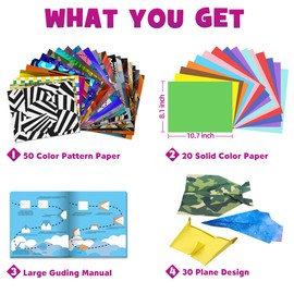 Paper Airplane Origami for Kid - 70 Pcs Origami Paper Kit 50 Patterned 20 Colored Large Paper Airplane Toy Supply 30 Easy Airplane Design for Creativity Boy Girl Gift Outdoor Game