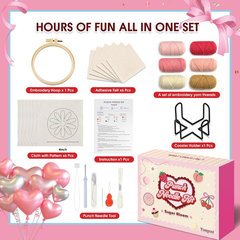yuegool 6PCS Punch Needle Coasters Kit,Easy DIY Punch Needle Embroidery