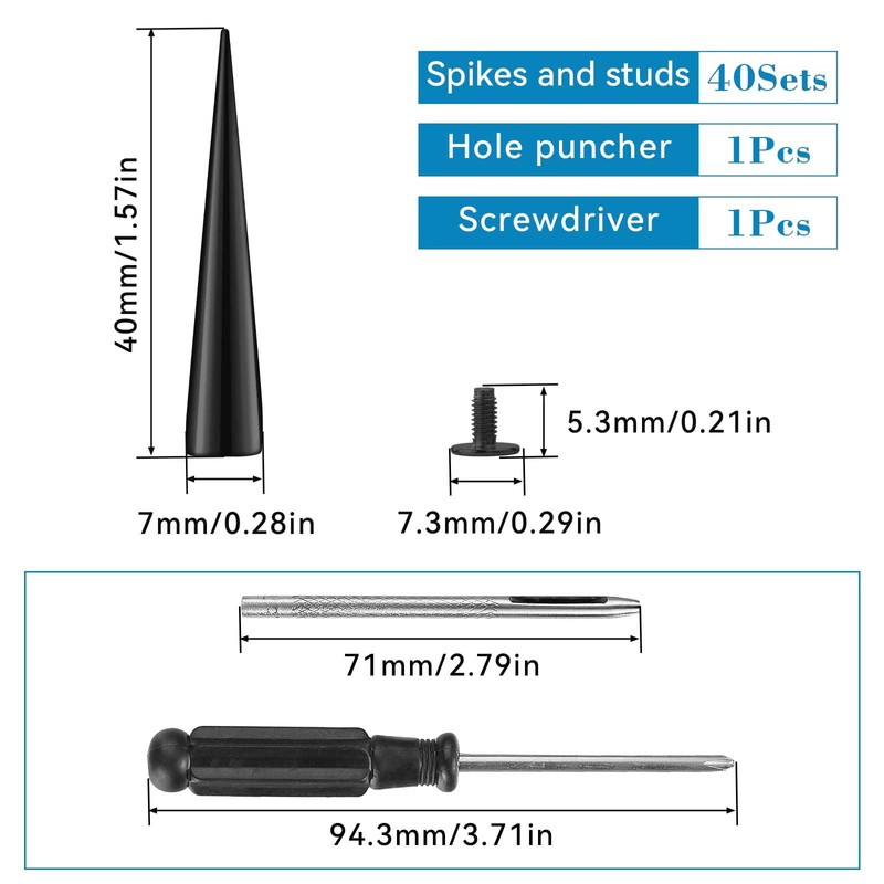40 Sets Spikes and Studs Kit, 7x40mm Black Cone Clothes