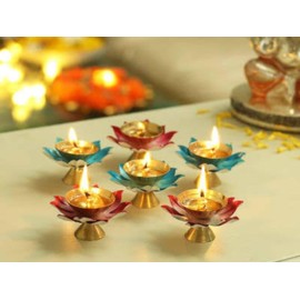 Pack of 8 Colored Brass Diya Lotus Candle Holder Urli Brass Diyas for Pooja, Budget Friendly Indian Ganesha Festival Diwali Pongal Return Gifts Tambulam Indian Housewarming Return Gift Items