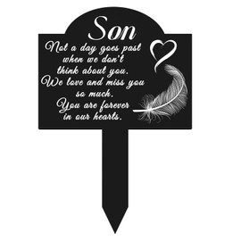 Memorial Grave Stake for Son – 13.8 × 7.9 inch Weatherproof Metal Grave Marker with Heartfelt Message, Feather & Heart Design for Cemetery Garden or Yard