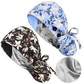 Yuest Satin Lined Scrub Caps with Buttons & Sweathand, Surgical Caps for Women, Multicolor-b, One Size