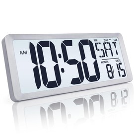 TXL Silver Large Digital Wall Clock with Backlight, 14.2" Battery Operated Alarm Clock with Day, Date & Temperature, Large Wall Clock for Classroom,Bedroom, Livingroom, Office，（Battery Included）