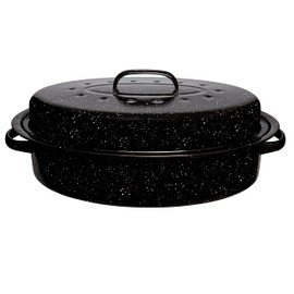 Millvado Granite Roasting Pan, 12 lb Capacity Turkey Roasting Pan with Lid, 16" Granite Oven Roaster Oval Shaped Speckled Enamel on Steel Cookware