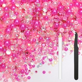 Bouiexye 80g Mix Flatback Pearls Pink Rhinestones for Clothes Half Round Pearls Gems Rhinestones for Crafts Face Nail Art Bottles Tumblers Shoes Gift DIY Bedazzling (Size 2mm-10mm)