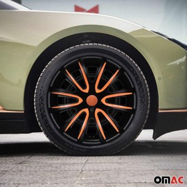 OMAC - Black Matt with Orange Hub Caps 14 Inch Set of 4, Tapas para Rines 14, Premium Wheel Covers 14 Inch, R14 Rim Cover Set, Snap On Durable Car Replacement Exterior Accessories