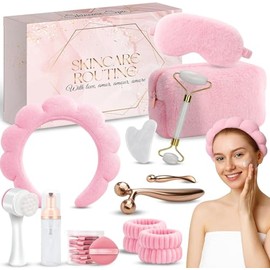 Kit de Skincare Completo Rosa con Rodillo Facial de Jade Piedra Gua Sha Diadema Muñequeras Cepillo Limpiador Facial y Cosmetiquera de Viaje