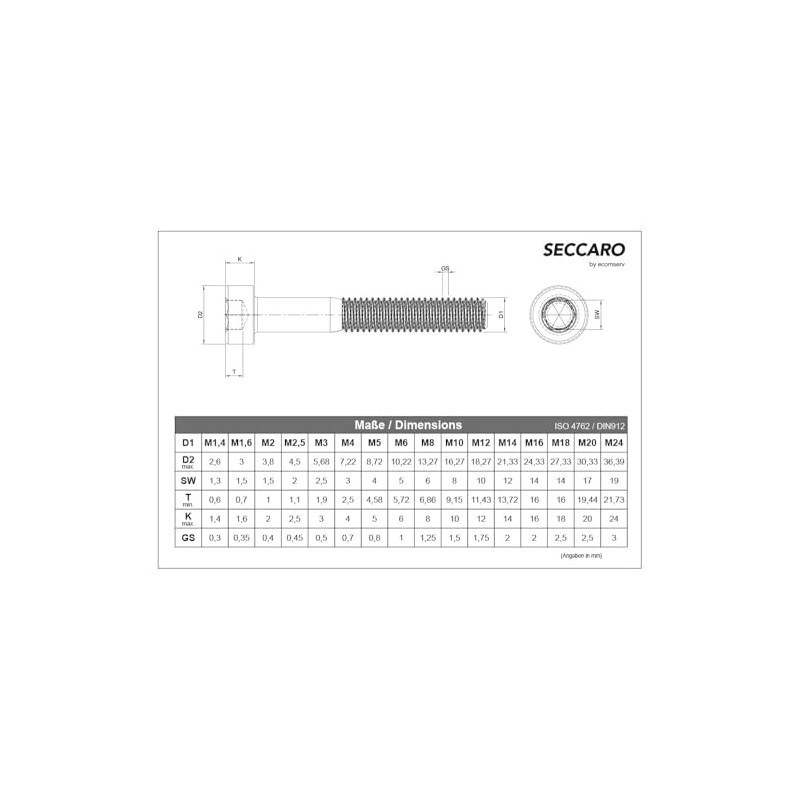 SECCARO 20 x M6 x 70mm Stainless Steel V2A VA