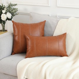 Mandioo Set of 2 Boho Striped Faux Leather Cushion Covers 30cm x 50cm 12x20 Inch Modern Luxury Rectangle Decorative Throw Pillow Cases for Living Room Bedroom Sofa Couch Brown