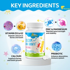 ChiQwench 500 MG Calcium Supplement with Vitamin D3 & K2, Zinc, Magnesium & Prebiotics. Kids Vitamins for Kids' Height. Bone Strength, High Absorption, Orange Chewables, Non-GMO, Gluten Free, 60 Tabs