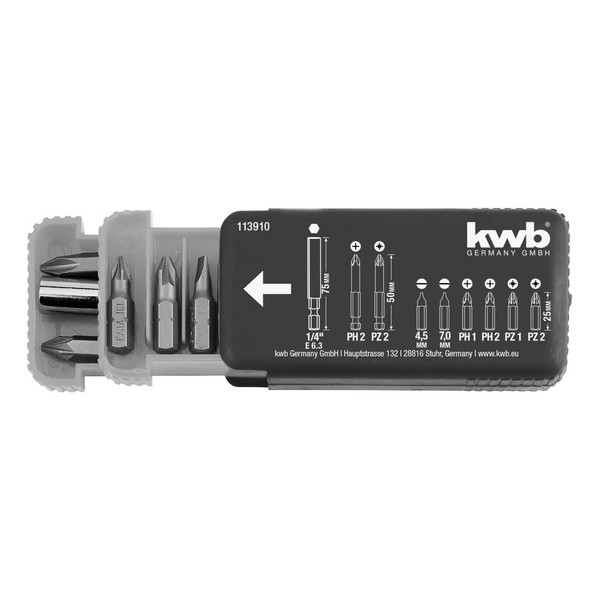 kwb 113910 Set Dispenser Box-9 Pieces with Magnetic bit Holder with E 6.3 Shaft for Cordless Screwdrivers