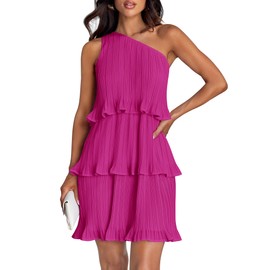 ZESICA Women's 2025 Summer Sleeveless Mini Dress Boho One Shoulder Ruffle Tiered Layered Chiffon Flowy A Line Dresses,Rose,Small