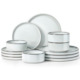 Herogo 12 Pieces Stoneware Dinnerware Set for 4, Ceramic Dinner Dishware Sets for Home Kitchen, Plates and Bowls with Rustic Terracotta Bottom, Dishwasher & Microwave Safe, Icy White