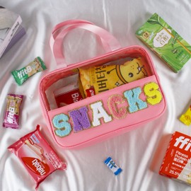 WOPIPAL Snack Bag for Travel - Chenille Letter Clear Makeup Bag, Waterproof Nylon & PVC Cosmetic Pouch with Handle & Zipper, Cute Preppy Storage Organizer for Women (Pink)