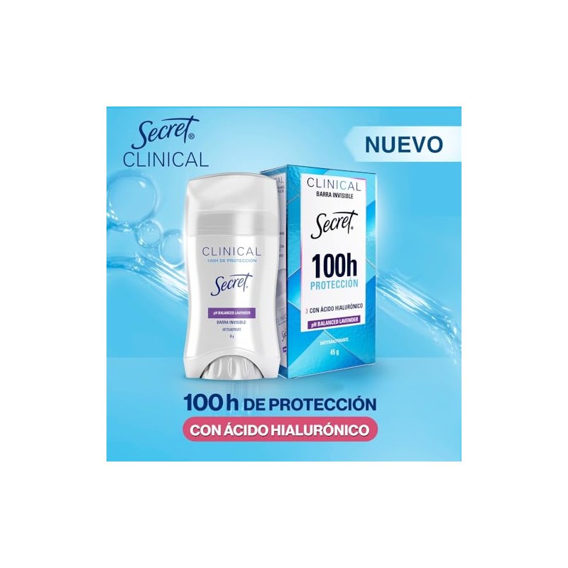 SECRET, Desodorante Mujer Clinical con Ácido Hialurónico, Barra Invisible, pH