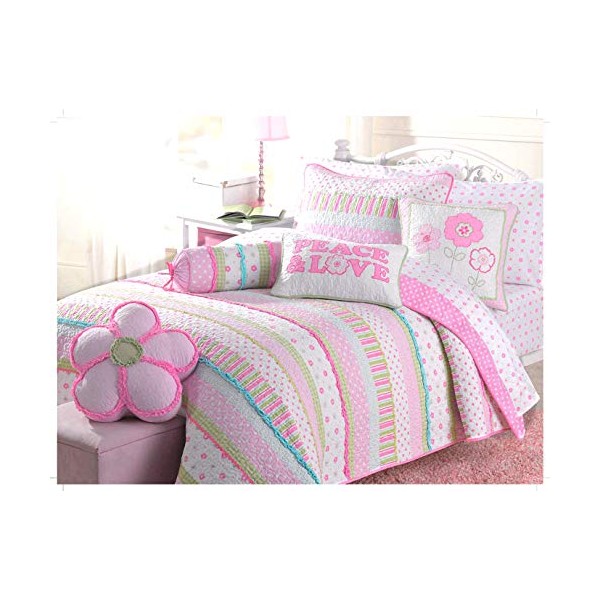 Cozy Line Home Fashions Pink Greta Pastel Polka Dot Flower 100% Cotton Reversible Quilt Bedding Set, Coverlet, Bedspreads (Twin - 2 Piece: 1 Quilt + 1 Standard Sham)