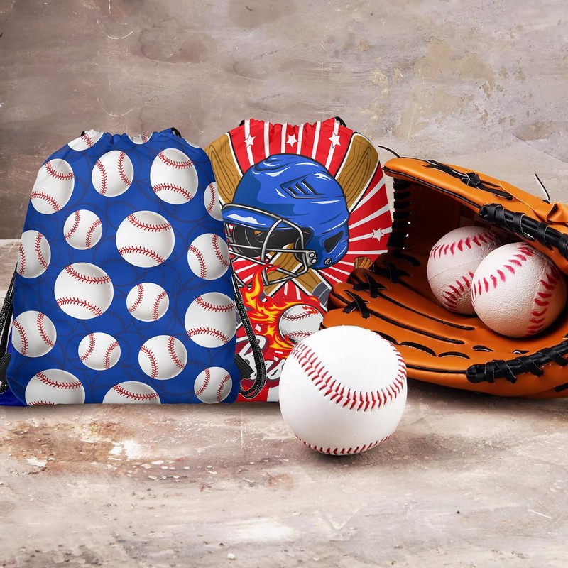 12 Pieces Baseball Themed Drawstring Non-Woven Bags, 3 Designs Sports
