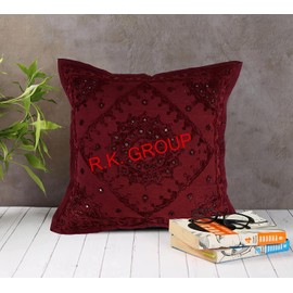 ALOFCART - Fundas de cojín decorativas hechas a mano bordadas 100% algodón (color: granate 24 x 24)
