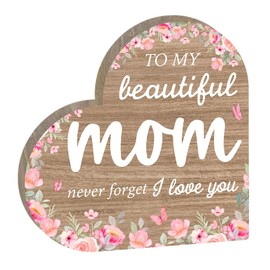 5" Mother's Day Gift Natural Wooden Block Sign - To My Beautiful Mom - Floral Heart Shape Rustic Wood Plaque - Christmas Valentines Thank You Gift, Home Office Tabletop Decoration & Supplies - A07