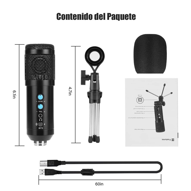 TXG Micrófono Condensador, Micrófono USB con Tripié, Microfono con Soporte