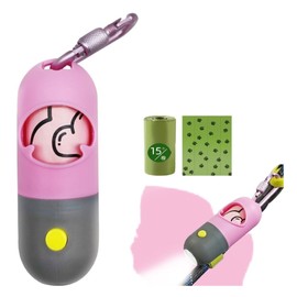 Generic Dog Poop bag holder with LED Light, Stainless Steel leash, walking dog poop holder with built in light with free 1 poop bag roll (Pink)