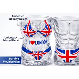London Souvenir Shot Glass Set of 3 – 30ml Novelty Union Jack Body Design Glasses – I Love London Tourist Party Shooter Glass Collection (LDN 3 Set)