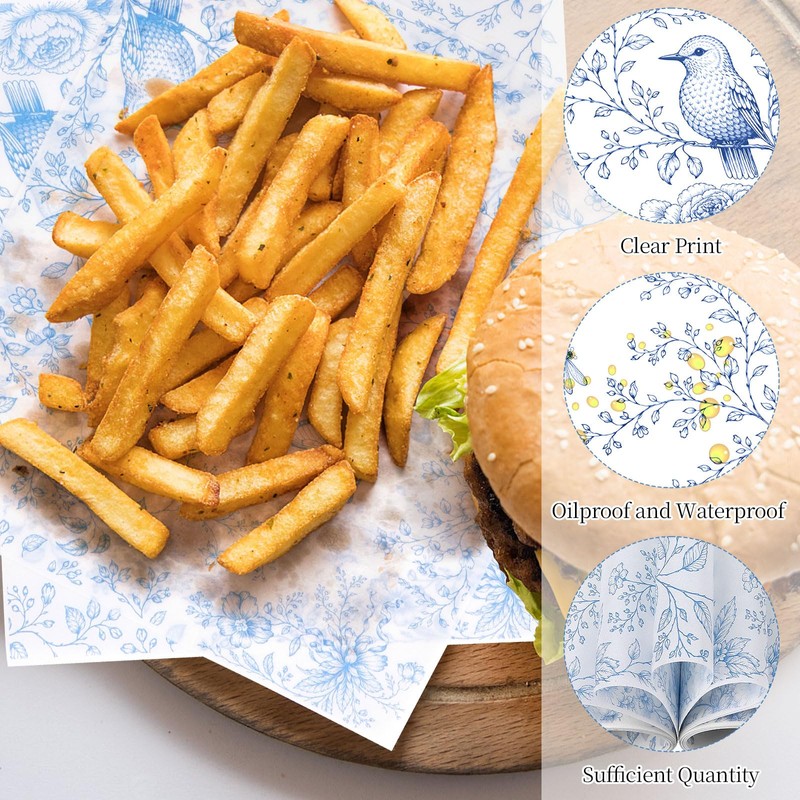 CCINEE 150Pcs Blue Floral Wax Paper Sheets for Food, Grease