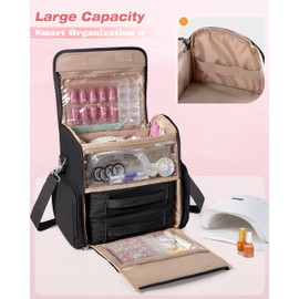 Marscamd Nail Polish Organizer Bag Holds 70 Bottles and Nail Lamp, Nail Polish Storage Case with 2 Removable Bags and Multiple Pockets, Black