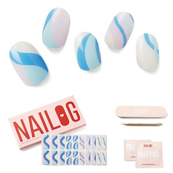 NAILOG Semi-Cured Gel Nail Strips, 20 Stickers, Extra-Long, Salon-Quality Nail Wraps, Waterproof, Long Lasting, Nail Kit, Simple, Glossy Sheen, Cute, Artistic Design, Light Blue, Summer, Spring│Swing