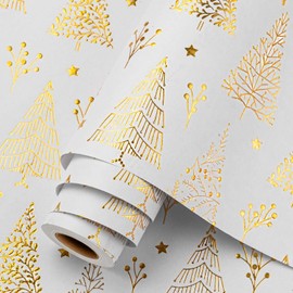 Homeral Christmas Wrapping Paper Roll - 46.8 sq.ft. 3D Embossed Gold Foil Christmas Tree, Star on White for Christmas, New Year Celebration, Holiday - 17in x 33ft