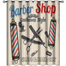 Barber Shop Curtains - Vintage Hair Cut and Shave Barbershop Beauty Salon Decor Window Curtain Room Darkening Blackout Curtains Thermal Insulated Grommet Curtains for Bedroom 2 Panels 45L x 21W