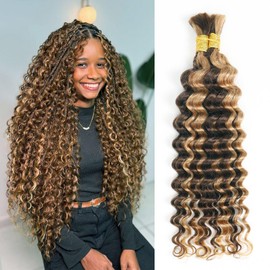 Newmi Highlight P4/27 Brazilian Deep Wave Braiding Human Hair - Boho Braids (Knotless, Crochet) - 18 Inch, Honey Blonde, Brown - 100g Bulk Pack