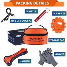 Markstor Led Road Flares 6 Pack LED Flares Emergency Kit, USB Recharge Amber LED Flares Warning Light with Magnetic, Roadside Safety Disc Flares Kit with Breaker,Whistle for Vehicle (6 Pack Parts)