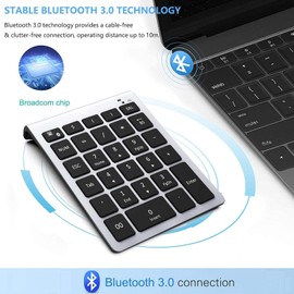 Lekvey Bluetooth Number Pad, 10 Keys Numeric Keypad Portable Wireless Bluetooth Keypad : 28-Key Numpad Extensions for Financial Accounting Data Entry for Laptop Surface Pro Tablets Windows, Silver
