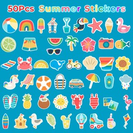 Obujopal 50Pcs Summer Stickers, Cute Vinyl Waterproof Tropical Beach Theme Decals for Kids Water Bottles Laptop Stationery Notebook Skateboard, Sun Surf Party Favors (2-3 Inch)