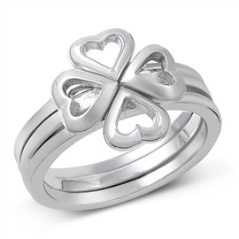 925 Sterling Silver Two-Piece Stackable Four Leaf Clover Heart Ring Size 8