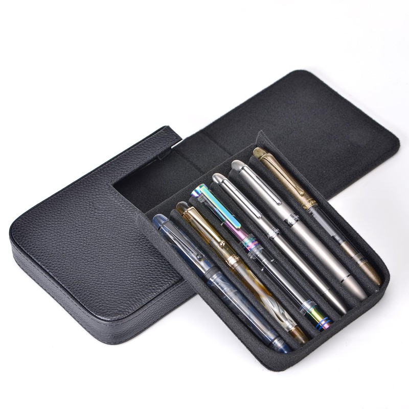 Lanxivi Genuine Leather Fountain Pen Case 6 Slot Black Leather