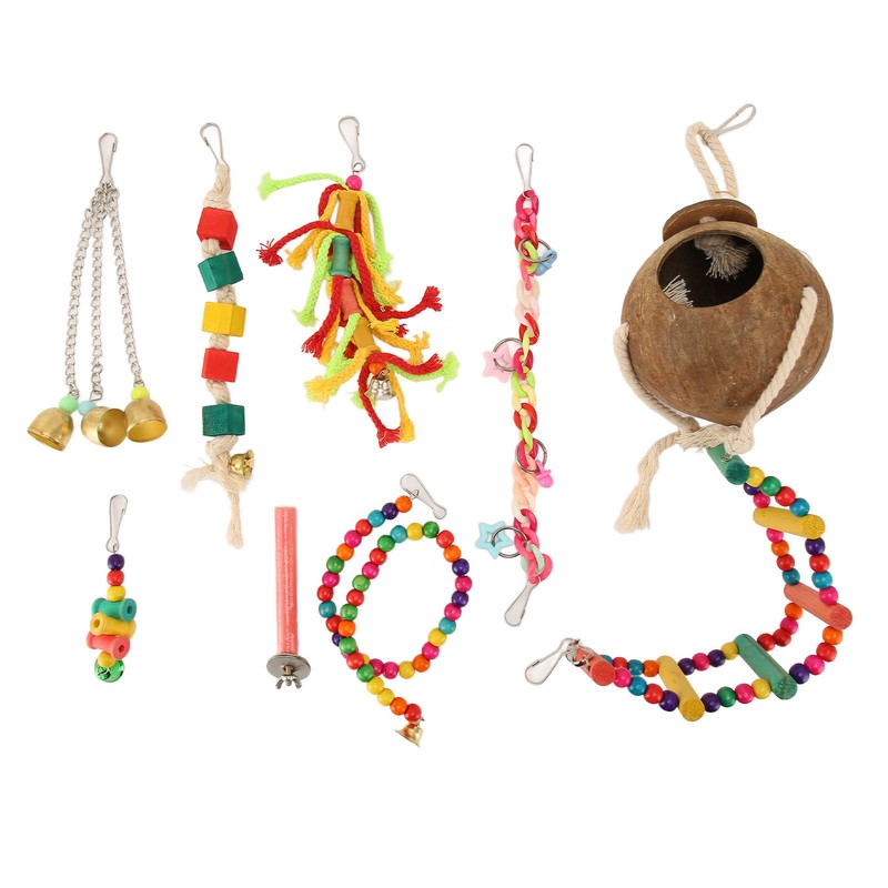 8pcs Parrot Toys Adjustable Coconut Shell Ladder Hanging Toys Interactive
