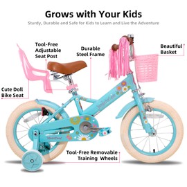 JOYSTAR Little Daisy 12 Inch Kids Bike for 2 3 4 Years Girls Toddler with Training Wheels Princess Kids Bicycle with Basket Streamers Cycle Bikes Blue