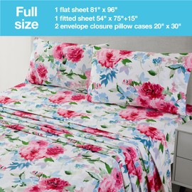 JSD Watercolor Rose Floral Sheet Set Full Size, 4 Piece Soft Printed Microfiber Sheets Extra Deep Pocket