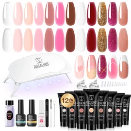 ROSALIND 12 Pcs Pink Brown Christmas Poly Nail Gel Kit with Mini Nail Lamp, White Glitter Pink Poly Gel Set, 10ml with Slip Solution, Complete Basic Tools for Beginners