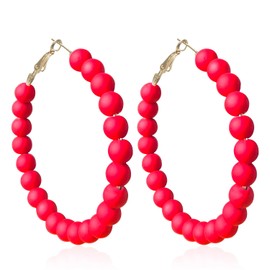 QUPENGXU Chic Bohemian Beaded Hoop Earrings Colorful Acrylic Circle Round Dangle Earrings for Women Minimalist 80S Geometric Party (red)
