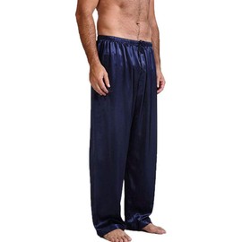 Pantalones de Pijama de satén para Hombre, Pantalones Largos de Pijama con cordón, Azul/Patchwork, Large