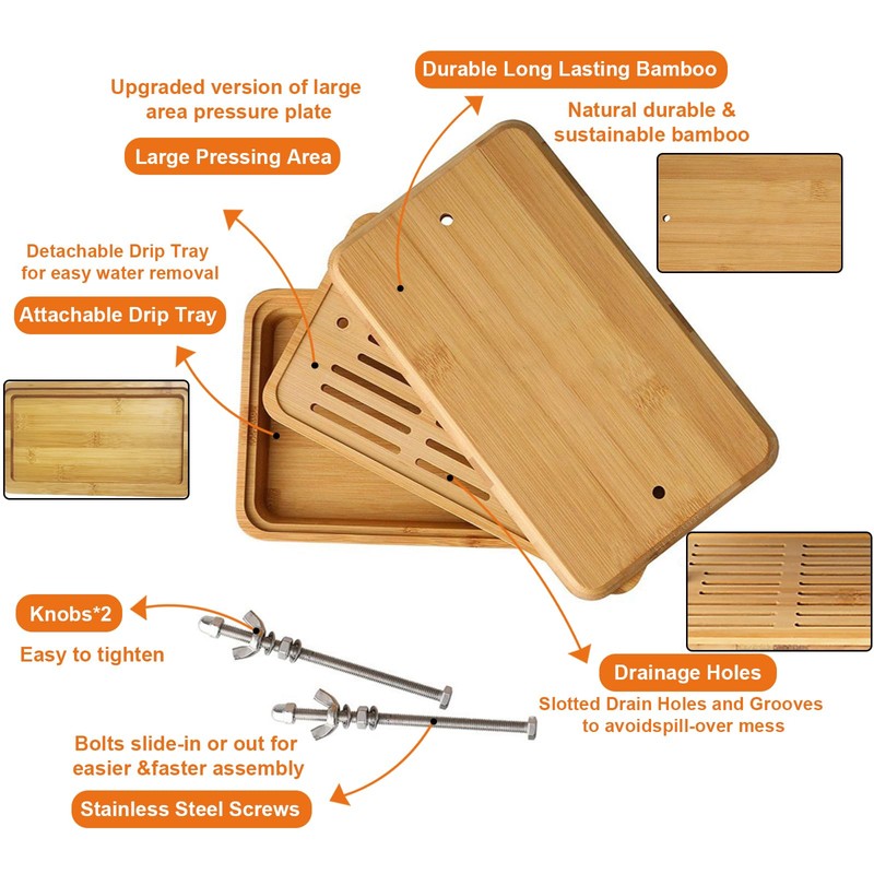 Tofu Press,Large Bamboo Tofu Press with Tofu Strainer,Drip Tray and