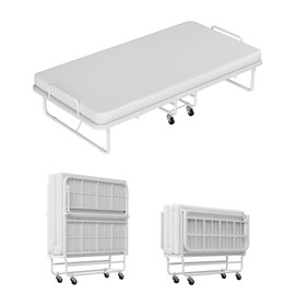 Ferlizer Cot Folding Bed with Mattress, Foldable Bed with Mattress for Adults, CertiPUR-US Certified 4" Memory Foam & Sturdy Metal Frame, Fold Up & Roll Away & Hideaway - 75" x 31", White