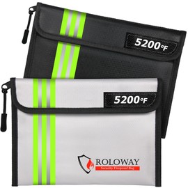 ROLOWAY Fireproof Bag (9.6 x 6.6 inches) 5200℉ Heat Insulated with Reflective Strip, Fireproof Money Bag with Zipper for Cash (2-Pack)